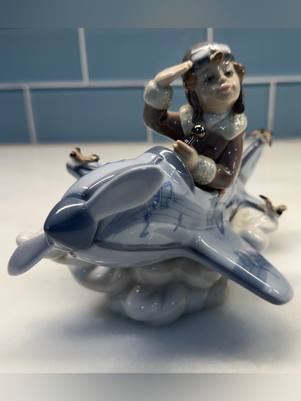 Lladro 5697 Over the Clouds Boy Pilot Airplane Birds Porcelain Figurine Retired